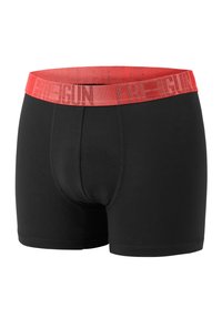 Black boxer shorts made from stretchy fabric with a red elastic waistband featuring the text "FREEGUN" in a bold, repeating pattern.