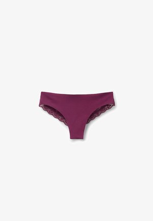 Burgundy cotton brief with scalloped lace trim around the edges, featuring a smooth texture and a simple design.