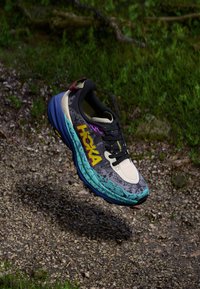 Sportssko med en svart och teal design, texturerad överdel, färgglogotyp och en tjock sula med multidirektionellt grepp.