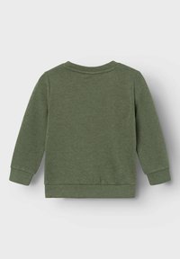 Felpa verde realizzata in tessuto morbido, con maniche lunghe, polsini a costine e collo a giro. La vista posteriore mostra un design senza cuciture.