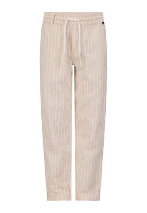 Beżowe spodnie ze sznurkiem, ozdobione pionowymi białymi paskami, z elastycznym pasem i mankietami u dołu nogawek.