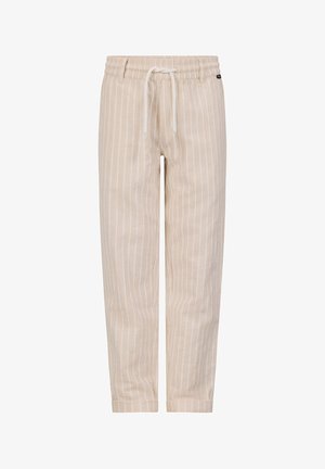 Beige broek met trekkoord, verticale witte strepen, elastische tailleband en omgeslagen pijpen.
