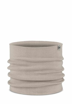 Gaiter de cuello sin costuras en color beige claro, hecho de tela elástica, con un diseño acanalado texturizado y una pequeña etiqueta de marca en un lado.