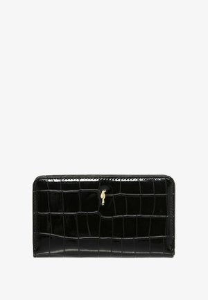 Czarny skórzany portfel o błyszczącej powierzchni, zdobiony wzorem krokodylej skóry oraz małym złotym akcentem w kształcie klucza. Kompaktowy prostokątny kształt.