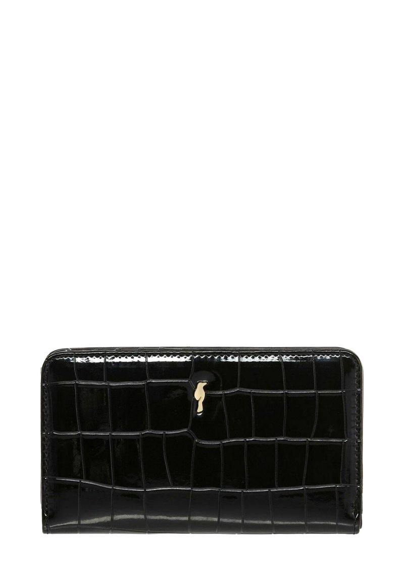 Czarny skórzany portfel o błyszczącej powierzchni, zdobiony wzorem krokodylej skóry oraz małym złotym akcentem w kształcie klucza. Kompaktowy prostokątny kształt.