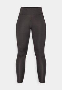 Black athletic leggings with a high waistband, made of smooth, stretchy fabric. Features a fitted design and seamless construction.