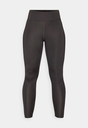 Black athletic leggings with a high waistband, made of smooth, stretchy fabric. Features a fitted design and seamless construction.