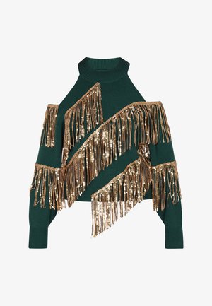 Grøn strikket sweater med guld palietfringedetaljer i et asymmetrisk design med høj hals og ribbede manchetter.