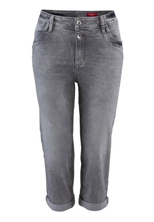 Graue Denim-Jeans mit lockerem Schnitt, umgeschlagenen Säumen, zwei Vordertaschen und zwei Gesäßtaschen mit silberfarbenen Hardware-Akzenten.