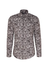 Koszula z długim rękawem w brązowym materiale z białym wzorem kwiatowym, z klasycznym kołnierzykiem i listwą guzikową. Gładka tekstura i dopasowany fason.