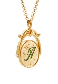 Gold pendant necklace featuring an oval charm with a green "A," small pearls, and star motifs, suspended from a gold chain.