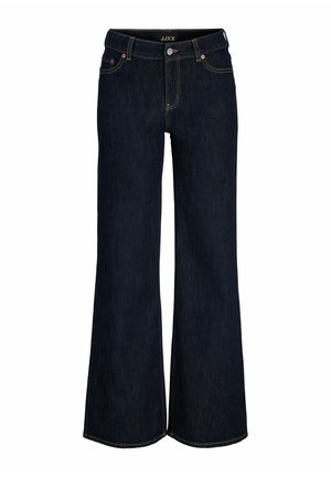 Jean en denim bleu foncé avec taille haute, fermeture par bouton et zip, poches avant et légère évasée aux jambes.