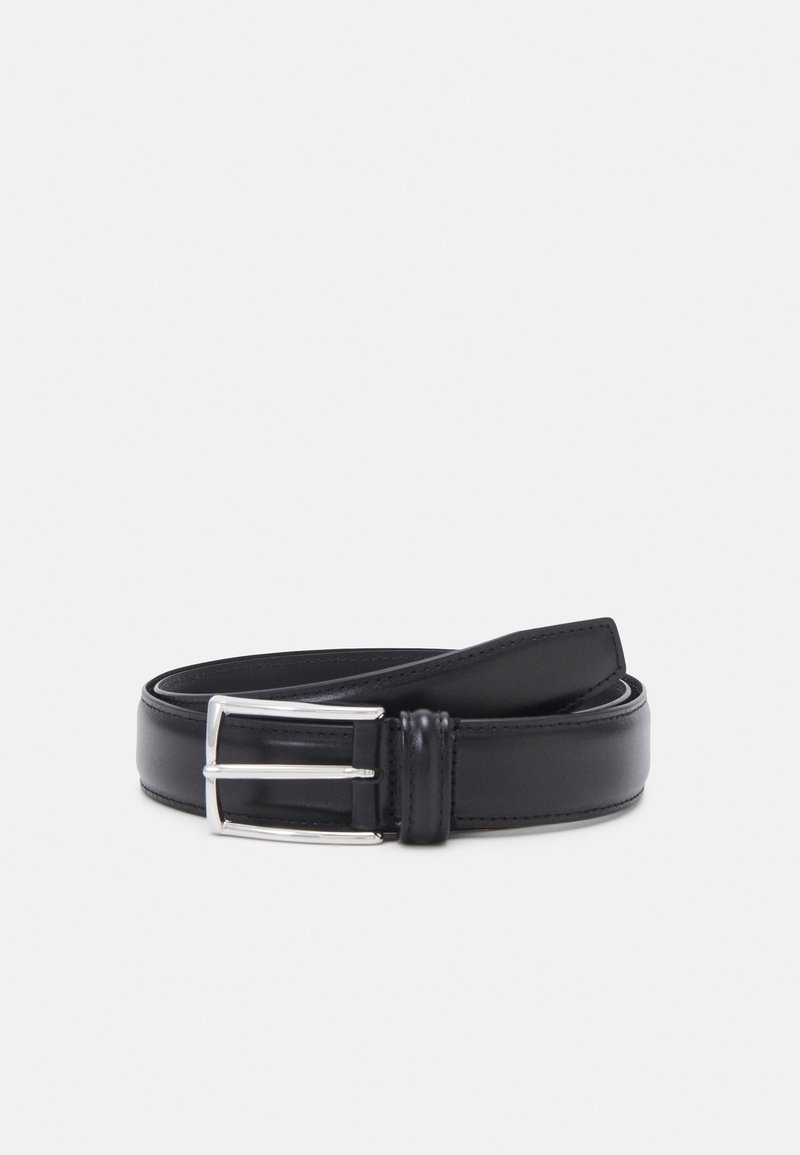 Black leather belt with a smooth texture, featuring a silver metal buckle and a classic design. The belt is neatly rolled.