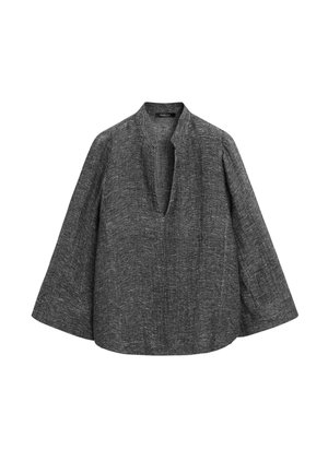 Blouse à manches longues texturée gris foncé avec une coupe ample, des manches larges et un col en V ouvert sans boutons ni fermetures.