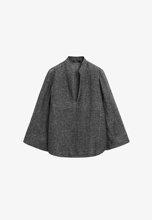 Blusa a maniche lunghe di colore grigio scuro con texture, vestibilità ampia, maniche larghe e scollo a V aperto senza bottoni o chiusure.
