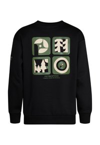 Sweatshirt noir avec un design comportant quatre carrés graphiques en vert, crème et noir, représentant des arbres et des formes abstraites.