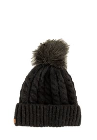 Gorro de punto negro con puño acanalado, que presenta un gran pom-pom de piel sintética en la parte superior. La textura es gruesa y cálida, adecuada para el clima frío.