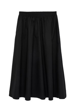 Gonna nera al ginocchio con elastico in vita e morbide pieghe, realizzata in tessuto leggero per una vestibilità ampia.