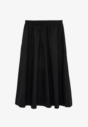 Schwarzer knielanger Rock mit elastischem Bund und weichen Falten, gefertigt aus leichtem Stoff für eine lockere Passform.