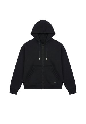 Felpa nera con zip frontale, tasche anteriori, cappuccio con coulisse regolabile e polsini e orlo a coste.