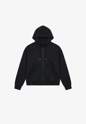 Felpa nera con zip frontale, tasche anteriori, cappuccio con coulisse regolabile e polsini e orlo a coste.