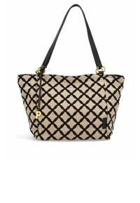Bolso de tela beige con un patrón de rejilla negra. Presenta una correa de hombro negra y detalles en dorado.