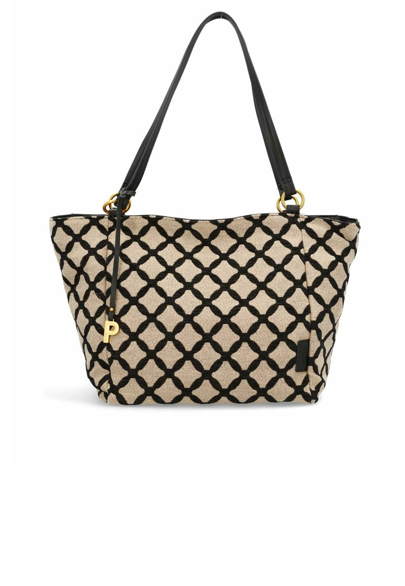 Bolso de tela beige con un patrón de rejilla negra. Presenta una correa de hombro negra y detalles en dorado.