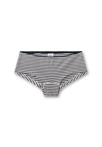 Gestreifte hochtaillierte Unterwäsche in Marineblau und Creme. Weiches Baumwollmaterial, glatte Nähte, auffällige horizontale Streifen und ein nicht-elastischer Bund.