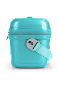 Una lonchera de material duro en color aqua con un acabado texturizado, que presenta un cierre de cremallera plateado y una correa de tela a juego. Diseño compacto y cuadrado.