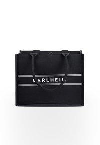 Černá taška přes rameno s dvěma textilními uchy, obdélníkového tvaru, s bílým logem "CARLHEIN" a vodorovnými pruhy uprostřed.