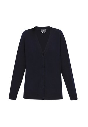 Navy-blauer Cardigan mit V-Ausschnitt, langen Ärmeln und Knopfleiste. Hergestellt aus einem weichen Material, mit gerippten Bündchen und Saum.