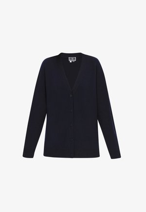Navy-blauer Cardigan mit V-Ausschnitt, langen Ärmeln und Knopfleiste. Hergestellt aus einem weichen Material, mit gerippten Bündchen und Saum.
