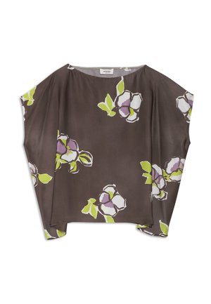 Haut ample marron à manches larges, présentant un motif floral en blanc, violet et vert.
