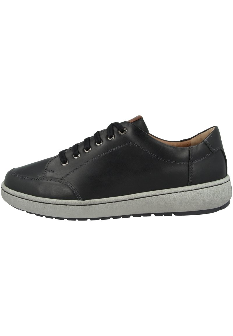 Sneaker in pelle nera con punta circolare, cuciture tonali, suola in gomma grigia e design con lacci che presenta sei occhielli e dettagli marroni.