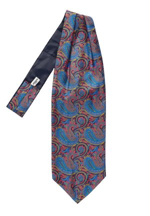 Silkkaita paisley-kuviolla, jossa siniset, punaiset ja keltaiset pyörteet tummalla taustalla. Sileä rakenne ja terävä pää.