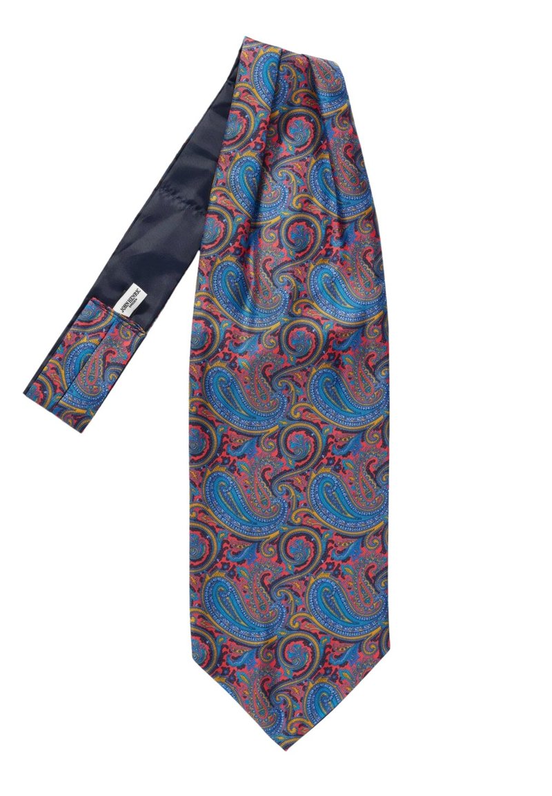 Zijden stropdas met een paisleypatroon met blauwe, rode en gele krullen op een donkere achtergrond. Glad textuur en een puntige punt.