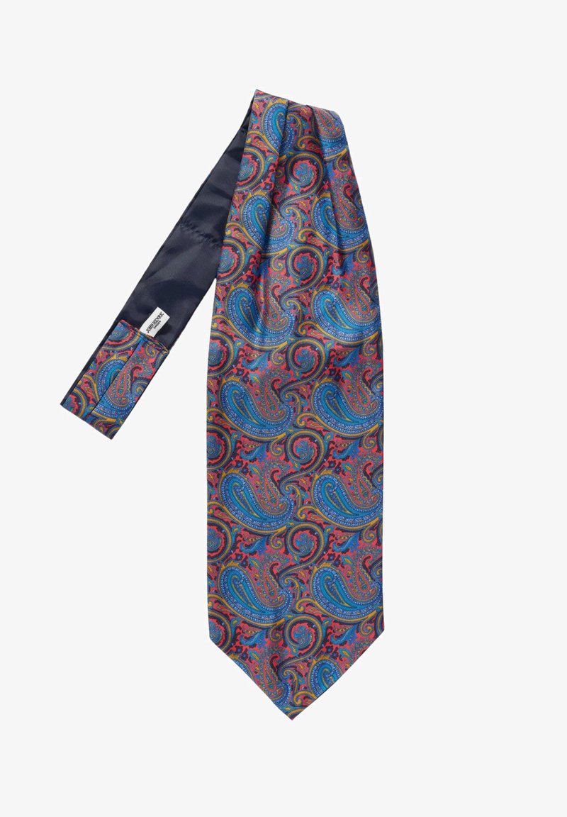 Zijden stropdas met een paisleypatroon met blauwe, rode en gele krullen op een donkere achtergrond. Glad textuur en een puntige punt.