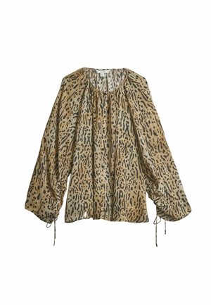 Pikkade varrukatega pluus beeži ja musta leopardimustriga, kootud kaelusega ja paeltega mansettidega läbipaistvast kangast.