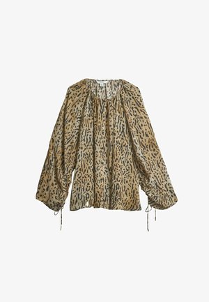 Pikkade varrukatega pluus beeži ja musta leopardimustriga, kootud kaelusega ja paeltega mansettidega läbipaistvast kangast.