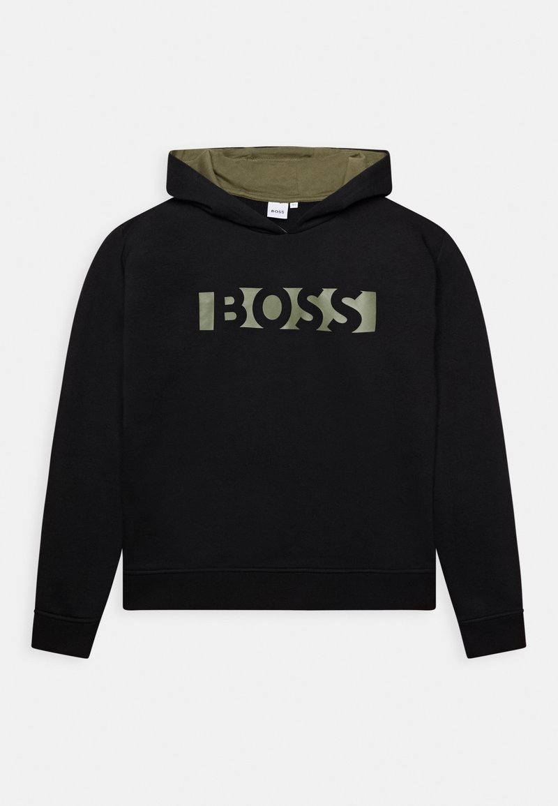 Sweat à capuche noir avec doublure intérieure de la capuche en vert olive et logo stylisé "BOSS" en vert olive centré sur la poitrine.