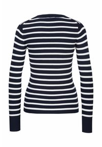 Gestreifter Strickpullover in Marineblau und Weiß mit langen Ärmeln, gerippter Textur und rundem Halsausschnitt, mit einem Reißverschlussdetail auf der Rückseite.