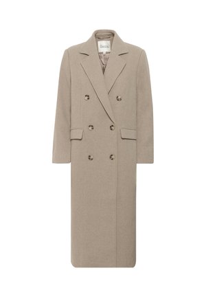 Beige doppelreihiger langer Wollmantel mit breiten Revers, sechs Knöpfen und zwei vorderen Klappentaschen, auf einem weißen Hintergrund präsentiert.