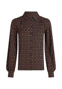 Schwarze Bluse mit langen Ärmeln, die ein florales Muster in Rot, Gelb und Grün zeigt. Sie hat einen Kragen und eine durchgehende Knopfleiste sowie elastische Bündchen.