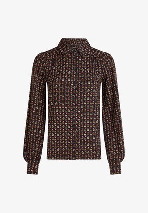 Blouse noire à manches longues avec un motif floral en rouge, jaune et vert. Comprend un col et un devant à boutons avec des poignets élastiqués.