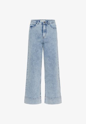 Højtaljede lyseblå vidde-ben jeans med frontknap, lynlåslukning, fem lommer og opbukket kant.