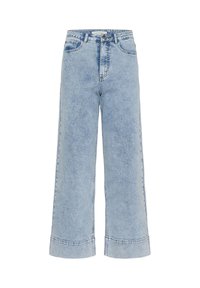 Jean large taille haute bleu clair avec bouton frontal, fermeture éclair, cinq poches et ourlets retroussés.