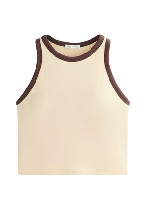 Crèmekleurig geribd tanktop met een bruine rand rond de halslijn en armsgaten; zachte textuur en eenvoudig ontwerp.
