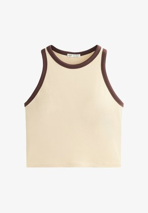 Crèmekleurig geribd tanktop met een bruine rand rond de halslijn en armsgaten; zachte textuur en eenvoudig ontwerp.