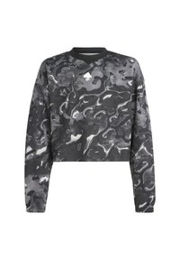 Sudadera recortada con un patrón de camuflaje abstracto en negro y gris, mangas largas y escote en forma de V. Fabricada con un tejido de punto texturizado.