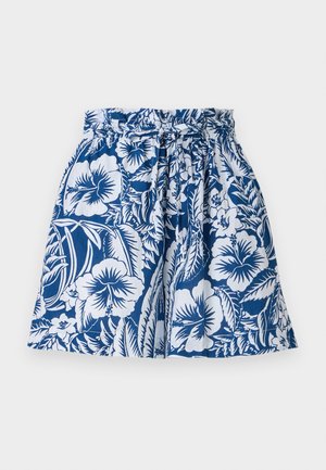 Pantaloni corti blu e bianchi con motivo floreale, dotati di una vita elastica, dettaglio con cordoncino e design svasato. Realizzati in tessuto leggero.
